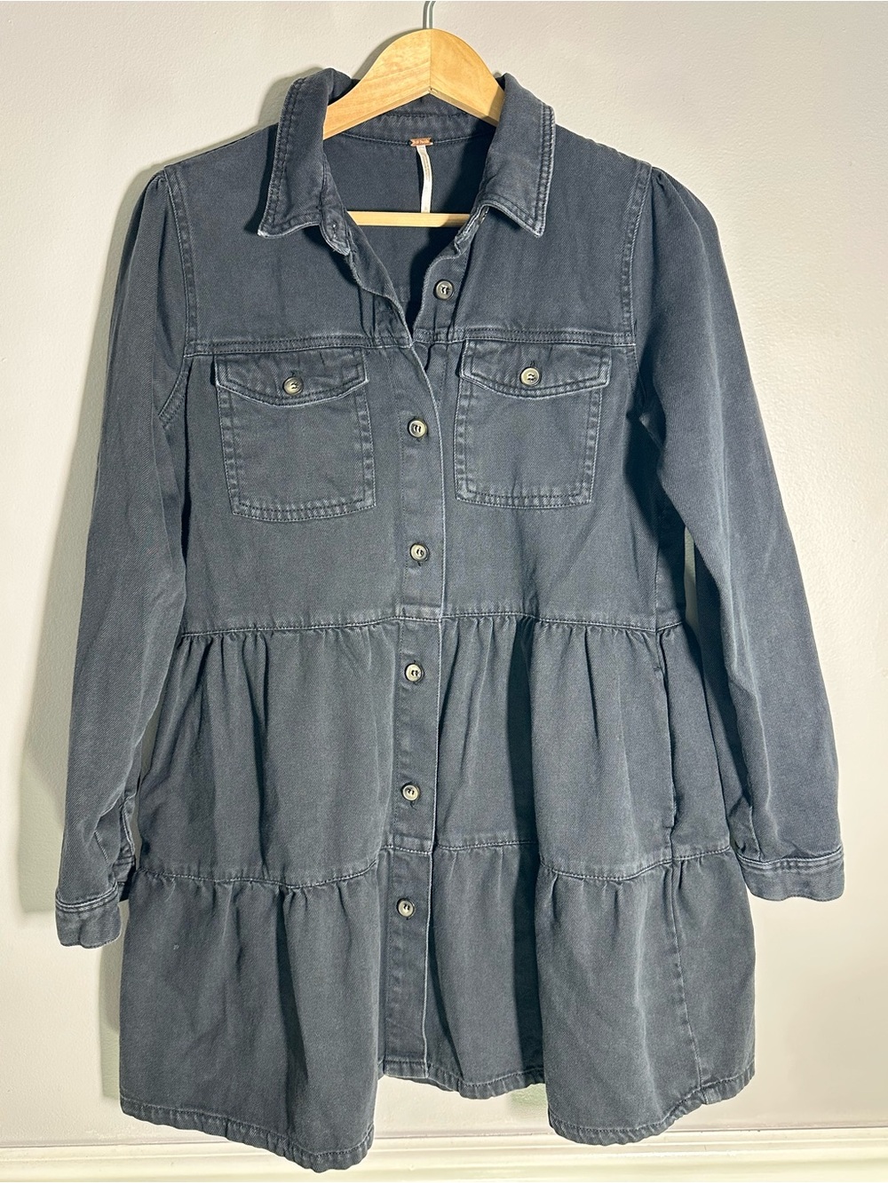 Free People 100% Cotton Black Nicole Denim Shirt Dress Small